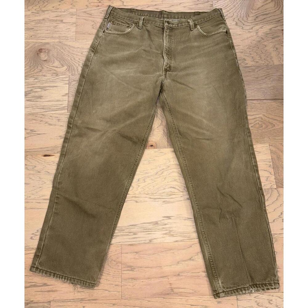 Vintage Carhartt Pants Men 42x32 Olive Denim Flannel Lined Workwear B162 BRK